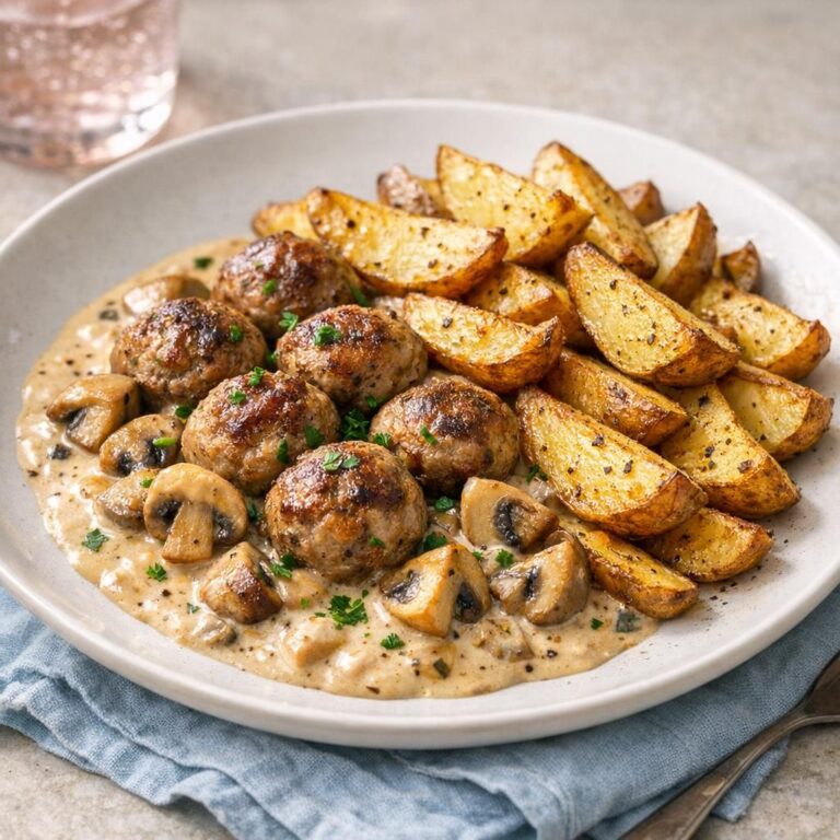 Kødboller i cremet champignonsauce med ovnkartofler