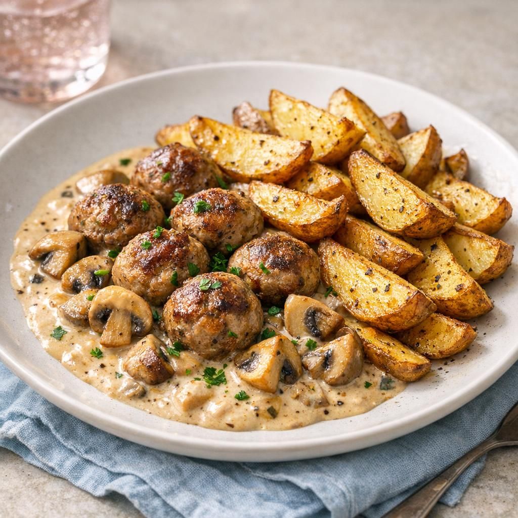 Kødboller i cremet champignonsauce med ovnkartofler