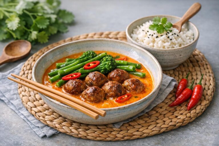 Saftige oksekødboller i cremet panang karrysauce med kokos, grøntsager og hvide ris