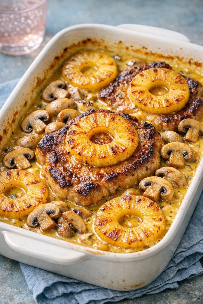 Gyldne svinekoteletter i ovnfast fad med cremet karry, ananasskiver og champignoner