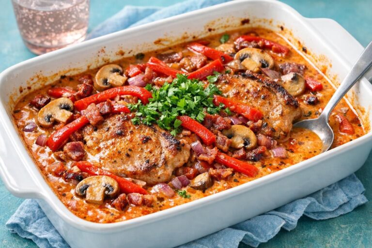 { "alt_text": "Koteletter i fad i hvidt ildfast fad med cremet orange-rød flødesauce, rød peber, champignon, bacon og persille", "file_name": "koteletter-i-fad-med-peberfrugt-4387" }