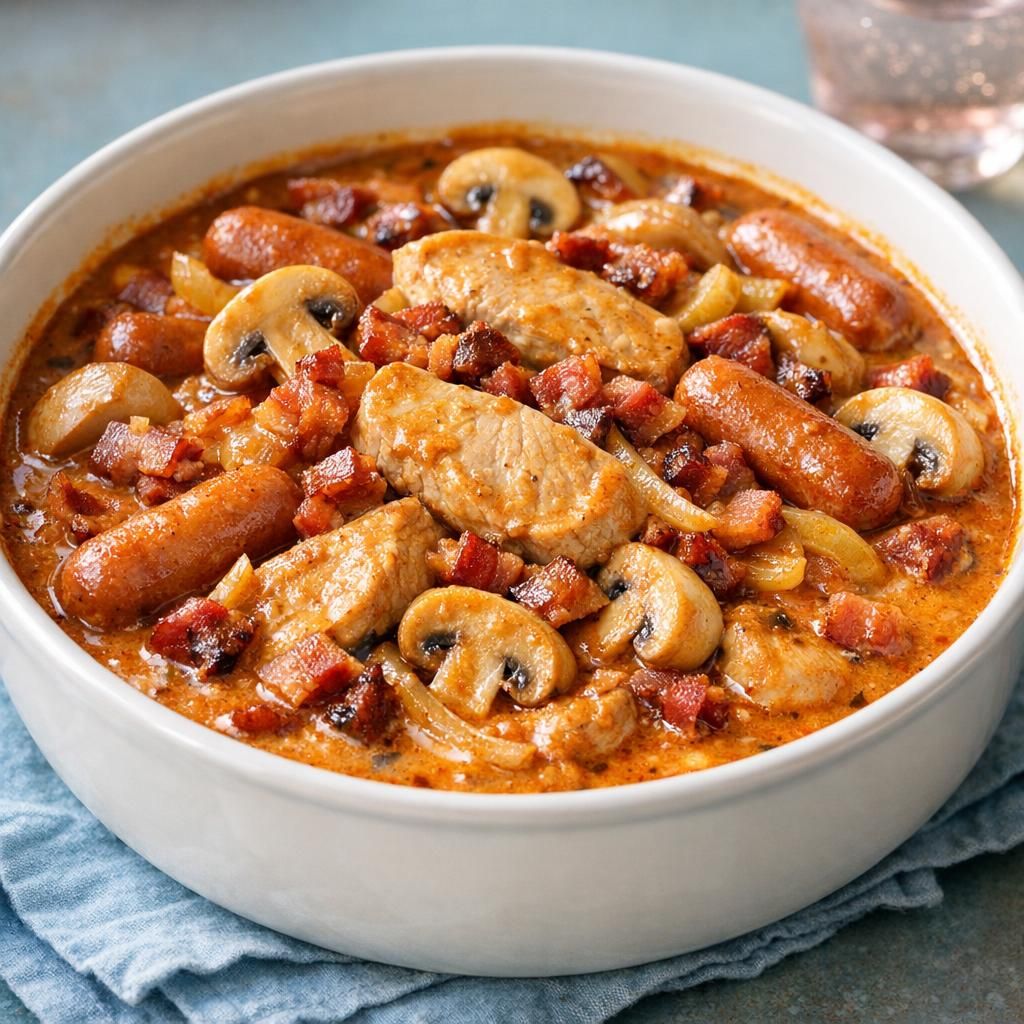 Kremet mørbradgryde med bacon og cocktailpølser