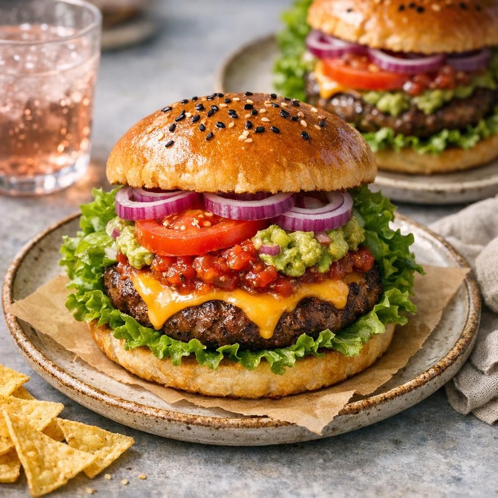 Krydret mexi-burger med guacamole og salsa