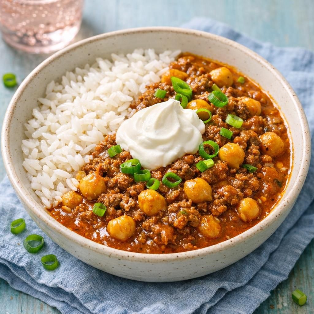 Krydret oksekødsgryde med kikærter og ris