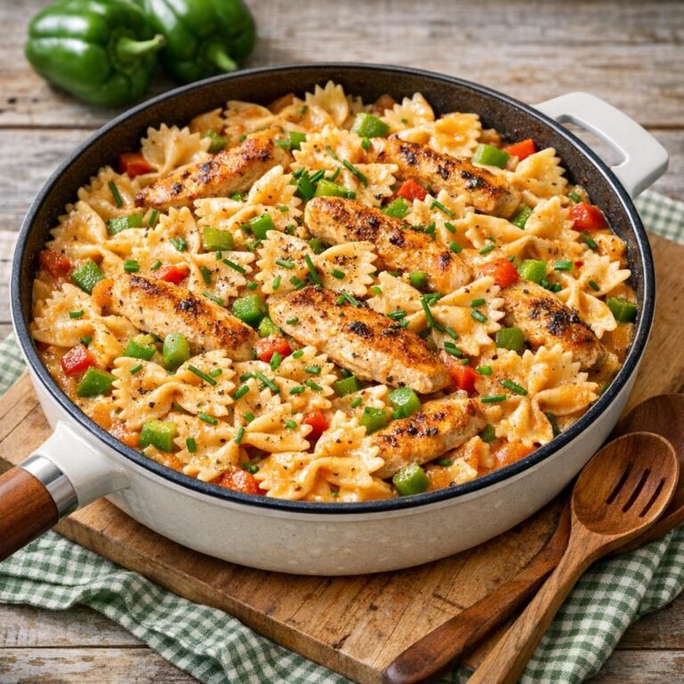 { "alt_text": "Krydret pasta med kylling og rød peber i cremet rødlig sauce, toppet med fintskåret purløg i mat keramikskål", "file_name": "krydret-pasta-med-kylling-og-peberfrugt-5837" }