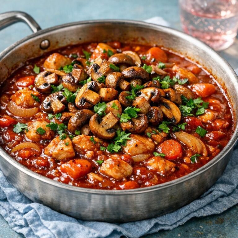 Kylling bourguignon i mørk rødvinssauce med gulerødder, selleri og ristede champignoner, toppet med frisk persille