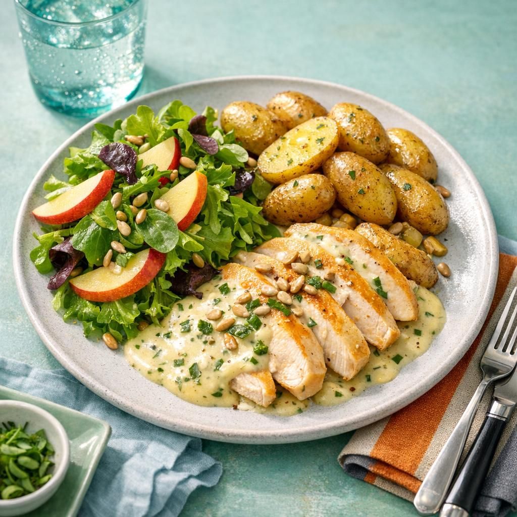 Kylling i cremet basilikumsauce med smørkartofler og æblesalat