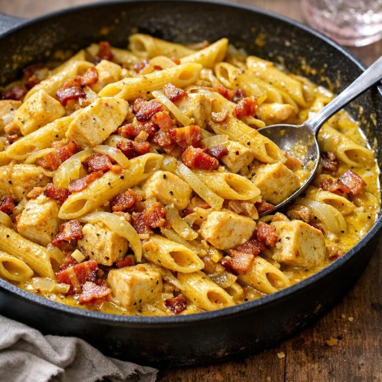 Kylling i cremet karry med pasta, bacon og løg serveret direkte fra panden
