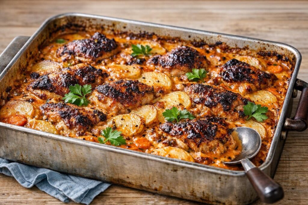 Kylling i flødesovs lavet i fad med grøntsager