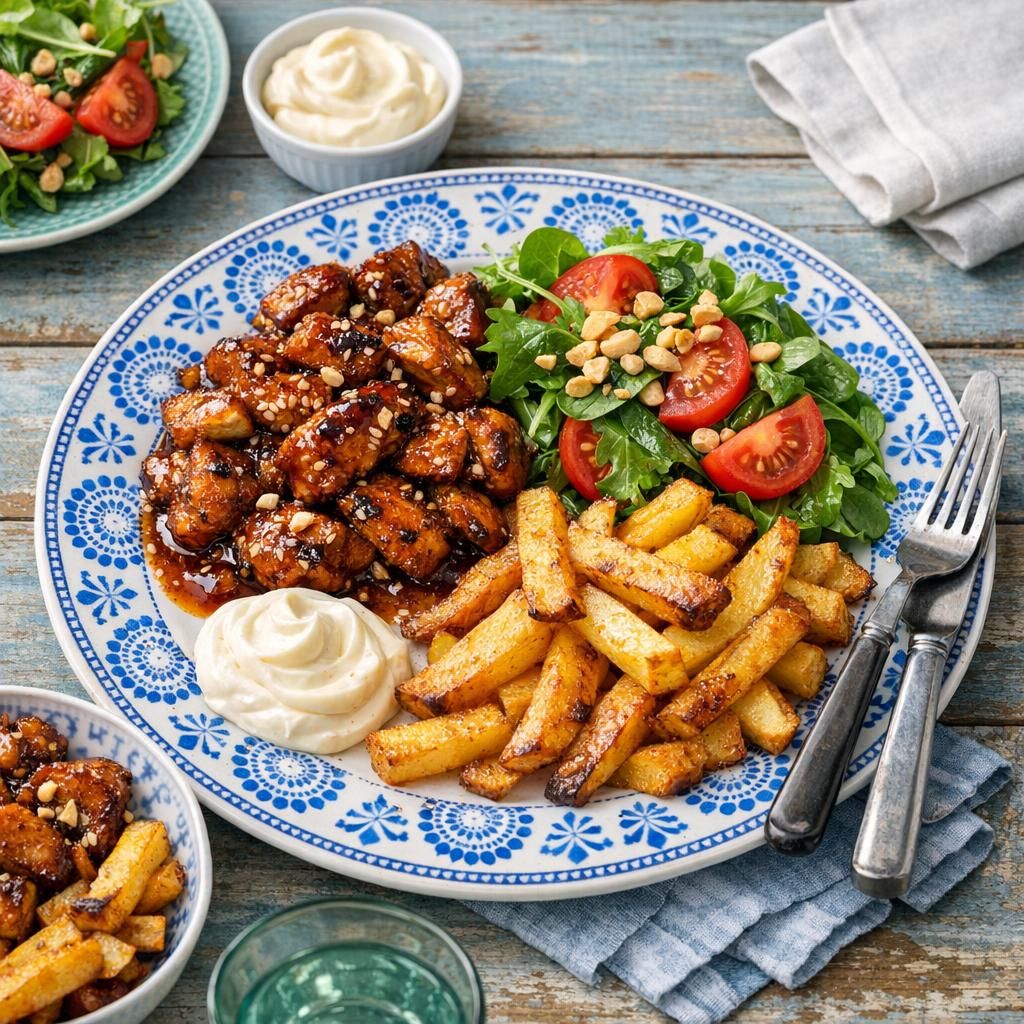 Kylling i honning-sojaglaze med peanutsalat, fritter og hvidløgsmayo