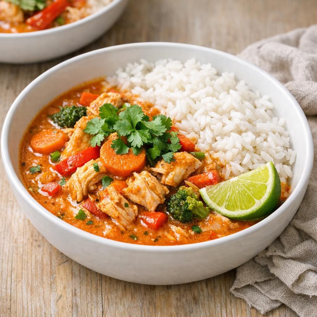 Kylling i rød karry med kokosmælk og ris