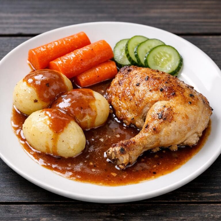 { "alt_text": "Rustik tallerken med stegt kylling, kogte kartofler og gulerødder med brun sovs, set skråt ovenfra", "file_name": "kylling-i-stegeso-med-kartofler-gulerodder-og-brun-sovs-6382" }