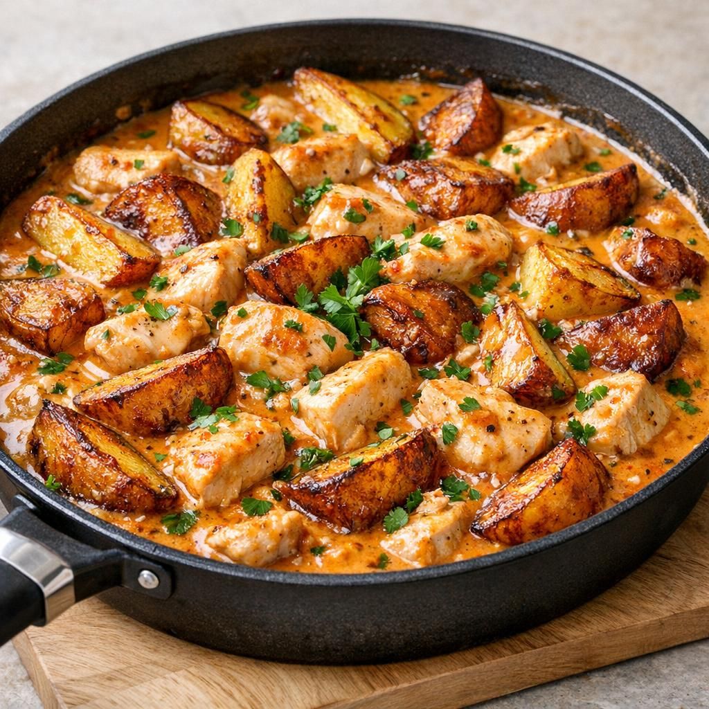 Kylling i whiskysauce med stegte kartofler