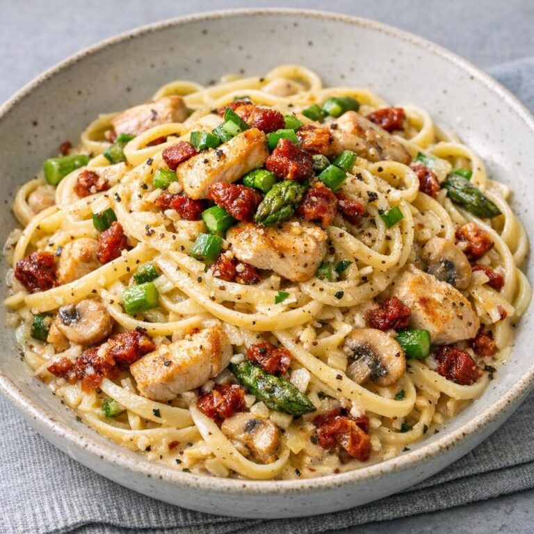 Cremet kylling-linguine a la carbonara med chorizo, asparges, champignoner og soltørrede tomater, vendt i fløde og parmesan og toppet med frisk basilikum