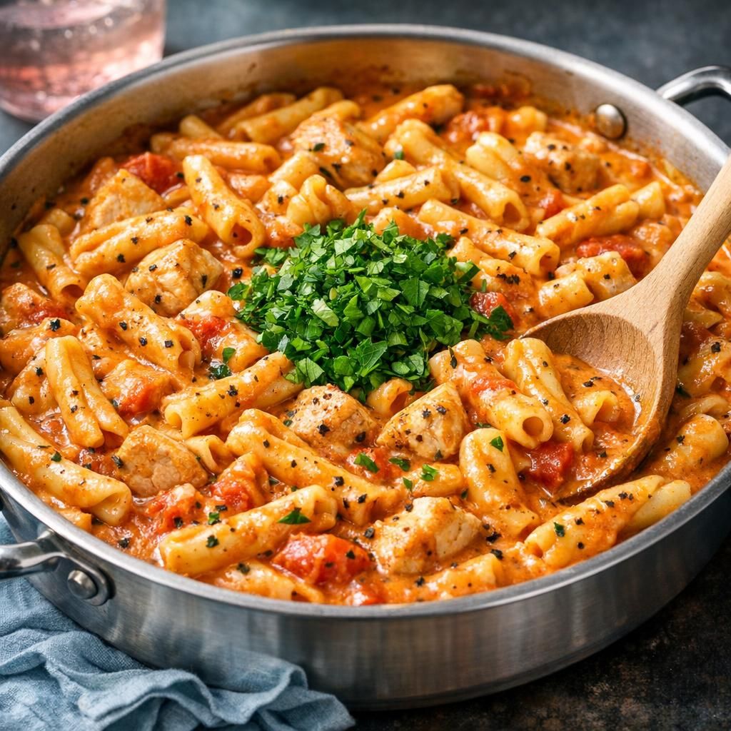 Kylling med pasta i cremet tomatflødesauce
