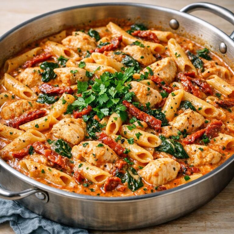 { "alt_text": "Kylling og pasta i cremet tomatflødesovs med soltørrede tomater og spinat i hvid pande, set skråt oppefra", "file_name": "kylling-og-pasta-i-tomatflodesovs-4837" }