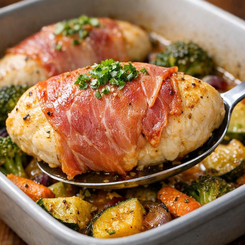 Kyllingebryst i fad med skinke og grøntsager
