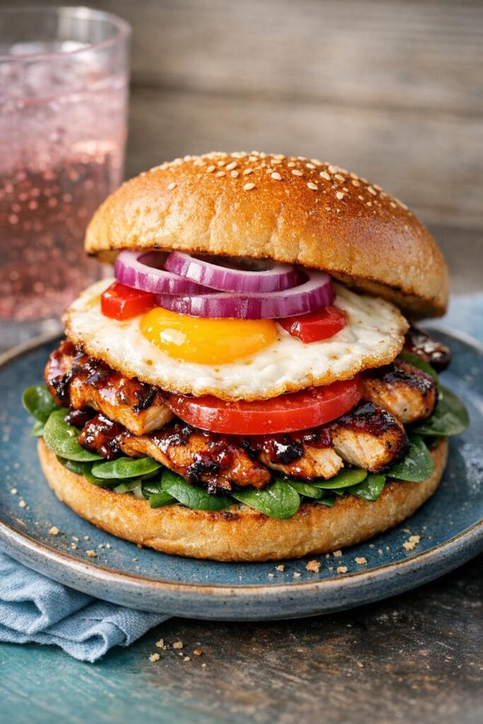 Kyllingeburger med BBQ, spinat og spejlæg