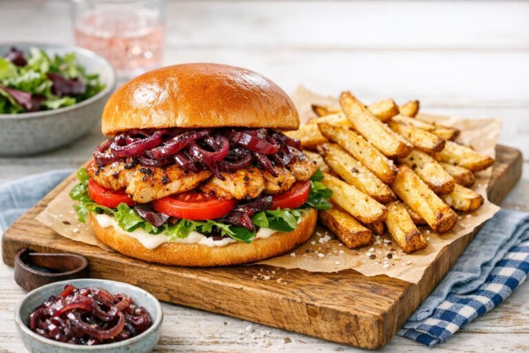 Kyllingeburger i brioche med karamelliserede rødløg, salat, tomat og mayo, serveret med gyldne ovnfritter