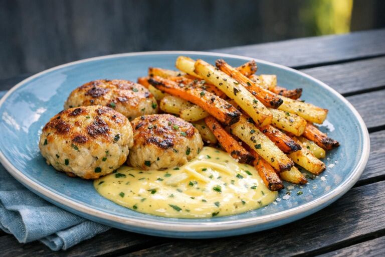 Kyllingefrikadeller i ovn med grøntsagsstrimler og bearnaise