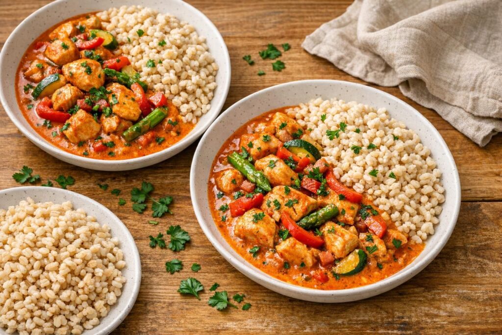 Kyllingegryde i paprikasauce med havreris