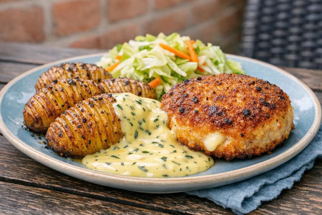 Kyllingekarbonader med ostefyld, hasselback kartofler og bearnaise