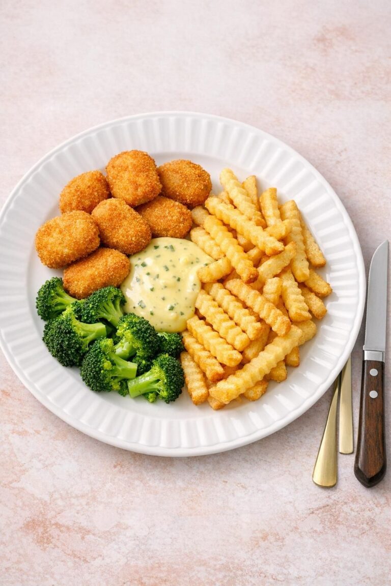 { "alt_text": "Kyllingenuggets med fritter, broccoli og bearnaise på hvid tallerken", "file_name": "kyllingenuggets-med-fritter-bearnaise-og-broccoli-4827" }