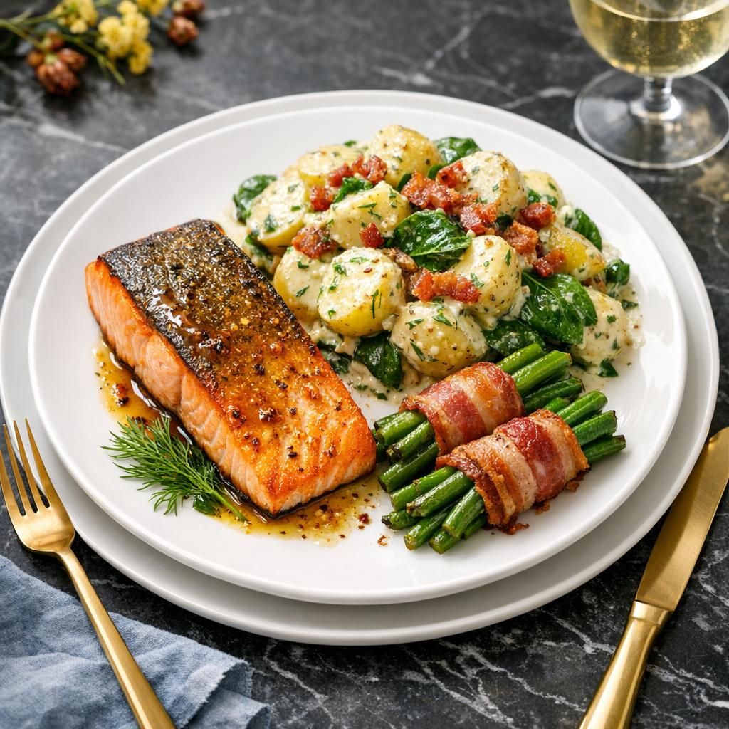 Laks med honning-sennep, lun kartoffelsalat og baconsvøbte bønner