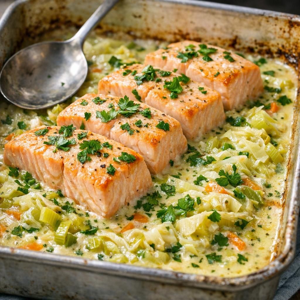 Laks med porrer og spidskål