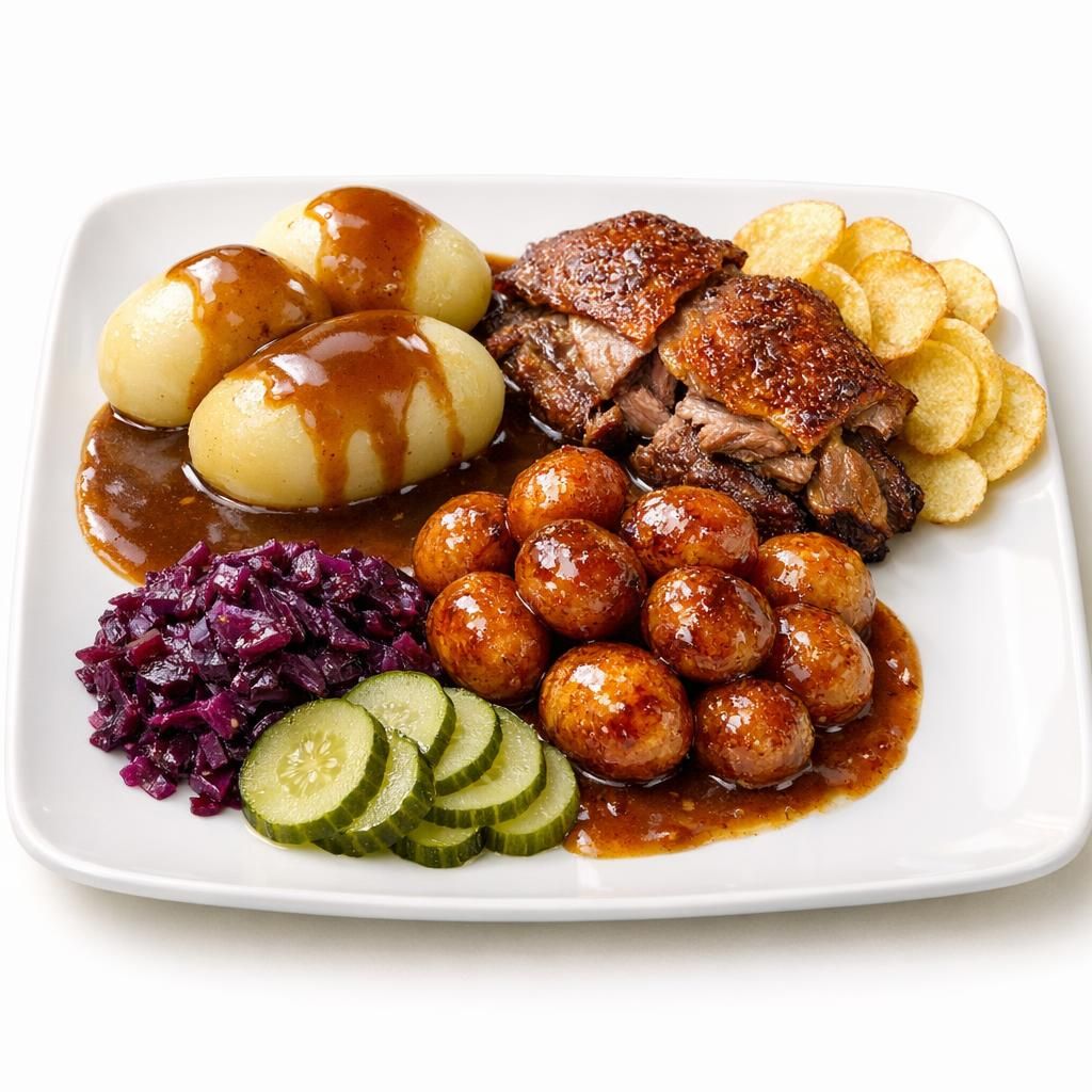 Langtidsstegt and med hvide og brunede kartofler, sauce og klassisk tilbehør