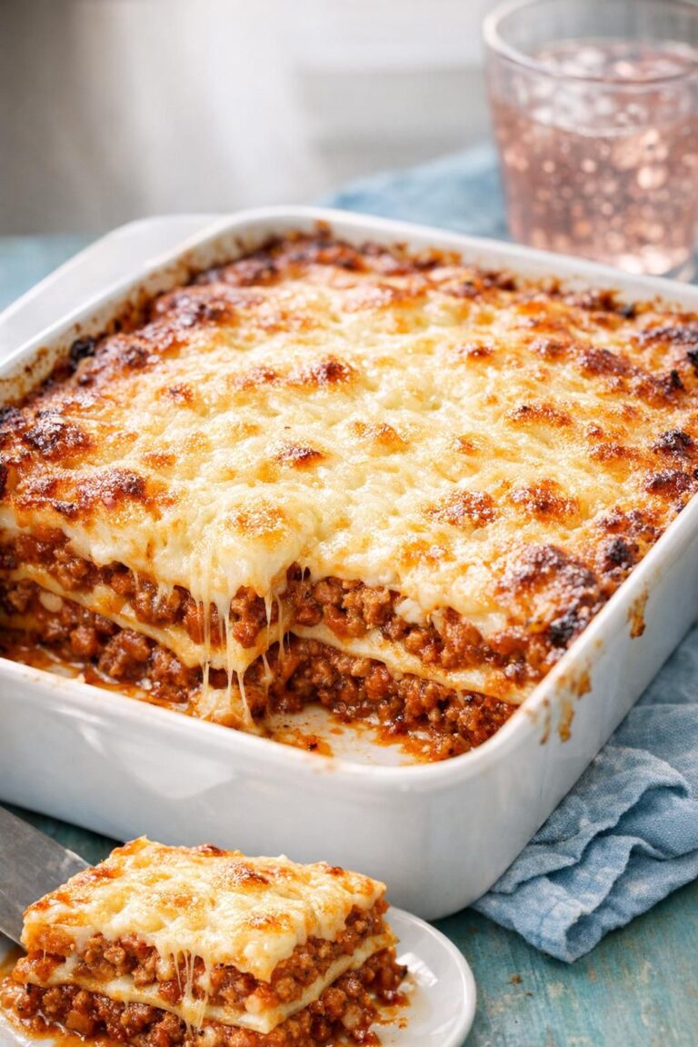 Enkel lasagne i bagefad med gylden, smeltet mozzarella og lag af mild kødsauce og lasagneplader