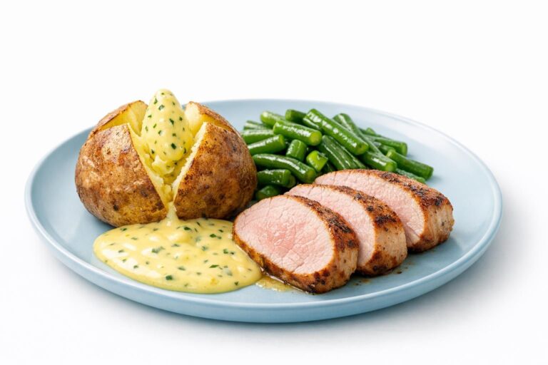 { "alt_text": "Marineret svinefilet i hvidt fad med bagekartofler i folie, grønne bønner og bearnaisesauce", "file_name": "marineret-svinefilet-med-bagekartofler-bonner-og-bearnaise-4827" }