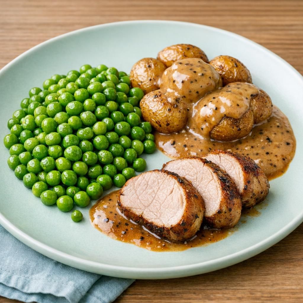 Marineret svinefilet med ovnkartofler, ærter og pebersauce