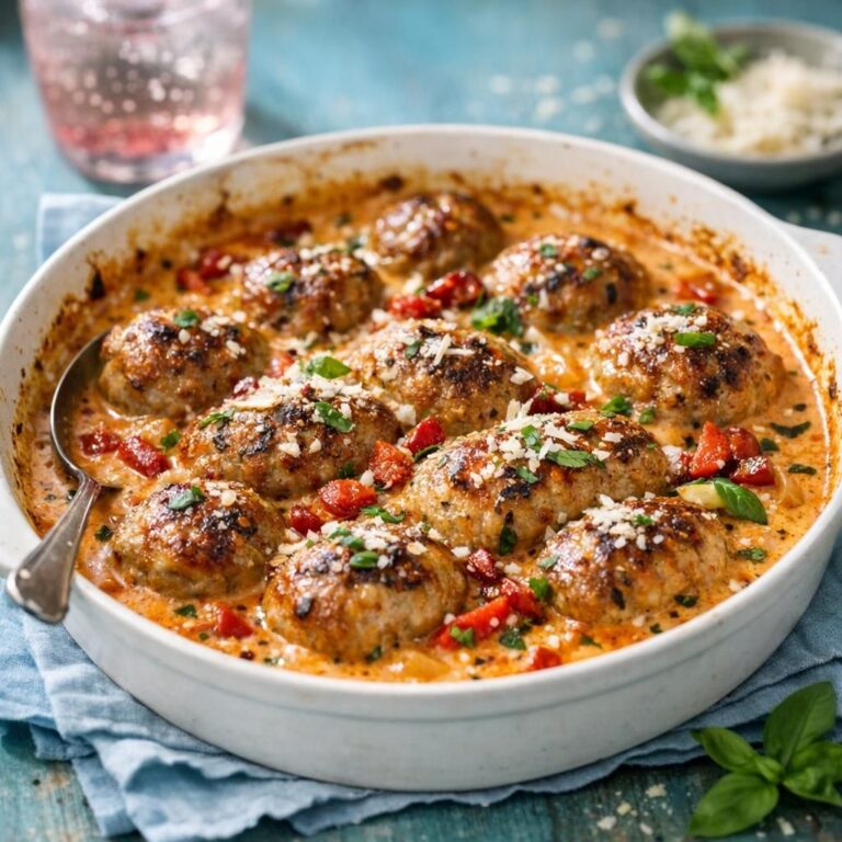 Marry me kødboller i cremet tomat-parmesansauce, toppet med frisk basilikum