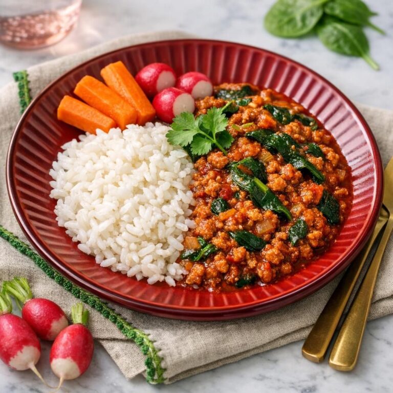 { "alt_text": "Hvid tallerken med løse ris og rødlig-brun krydret kødsauce med spinat, serveret med gulerodsstave og radiser; blød belysning og sløret baggrund.", "file_name": "max-15-min-krydret-kodsauce-med-spinat-ris-og-gnavergront-5372" }