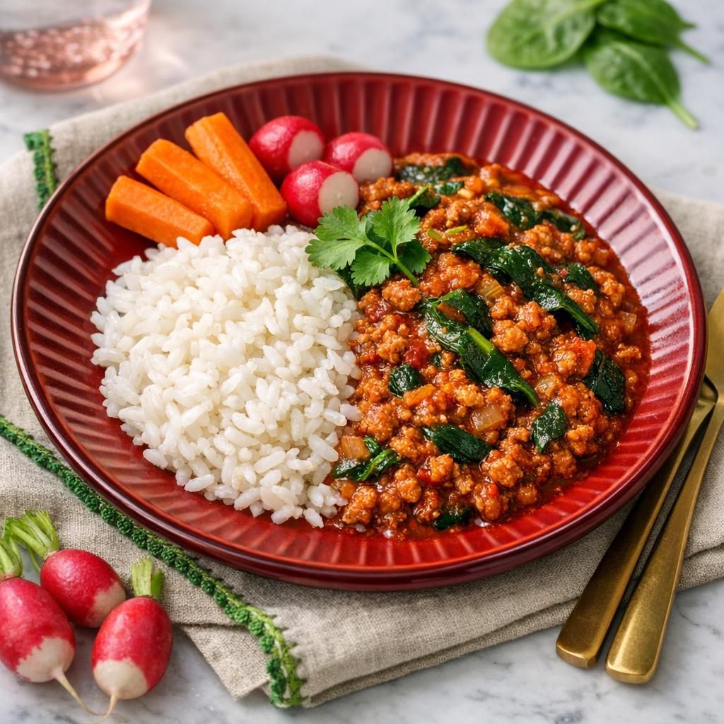 Max 15 min.: Krydret kødsauce med spinat, ris og gnavergrønt