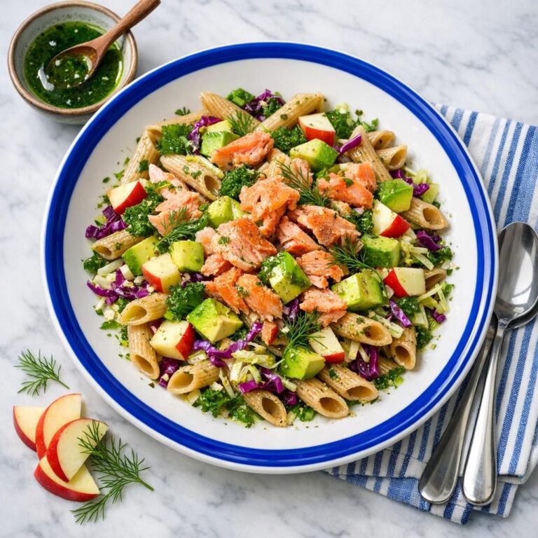 { "alt_text": "Pastasalat med varmrøget laks, avocado, kål og æbletern, dryppet med grøn dildolie i en hvid skål", "file_name": "max-15-min-pastasalat-med-varmroget-laks-avocado-og-dildolie-4382" }