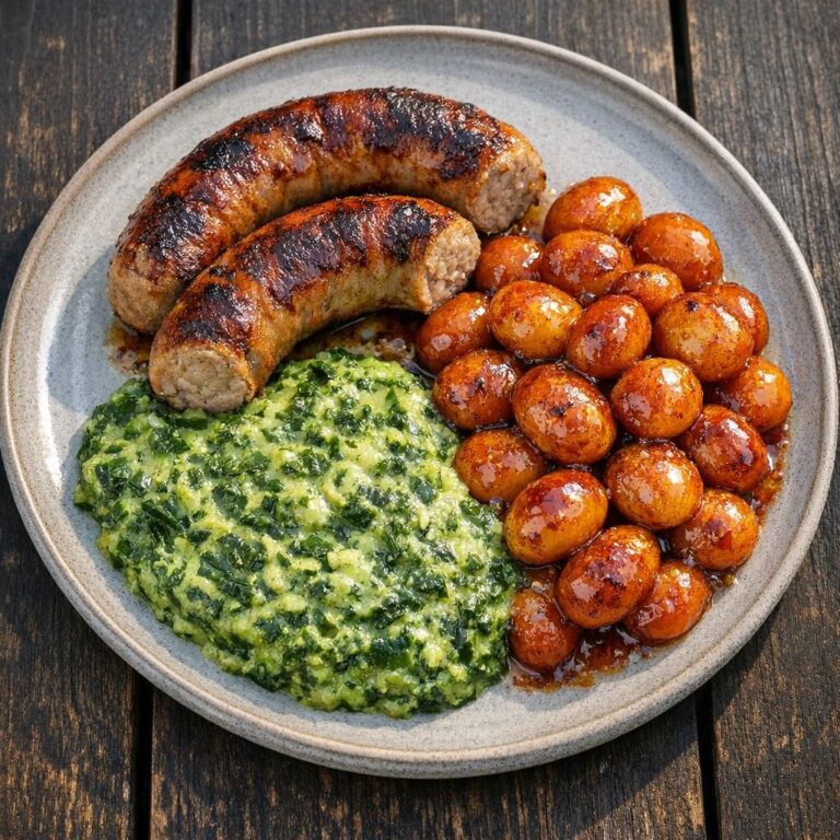 Medisterpølse med cremet grønlangkål og brunede kartofler – klassisk dansk vinterret