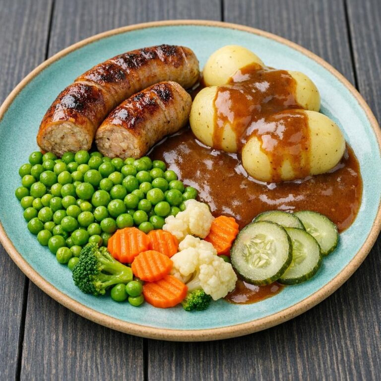 Medisterpølse med brun sovs og kogte grøntsager