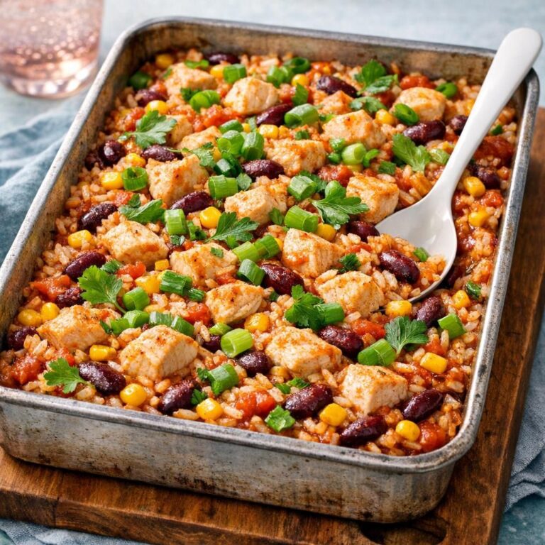Alt-i-et ovnret: mexicansk kylling med ris, majs, kidneybønner og salsa, toppet med forårsløg og persille
