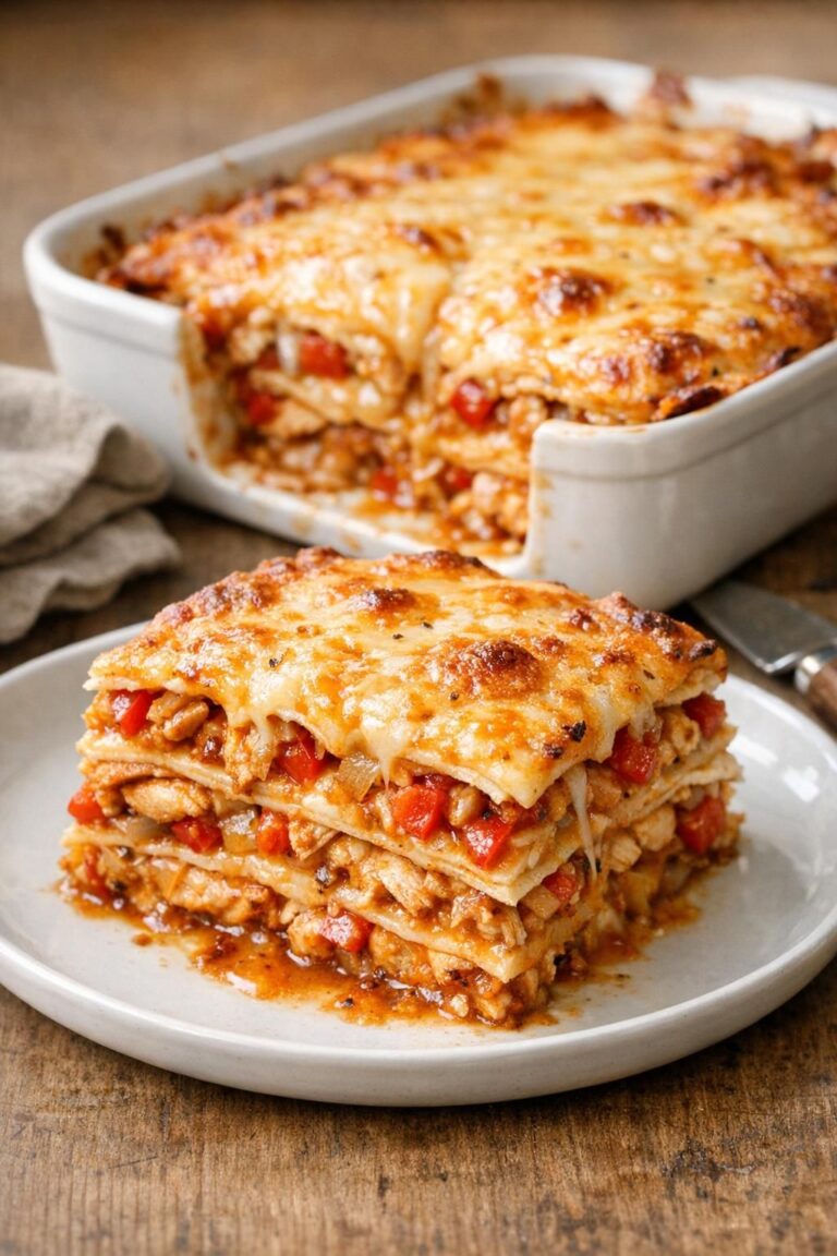 Mexicansk lasagne med bløde tortilla, krydret kylling, peberfrugt og gylden smeltet ost i ovnfast fad