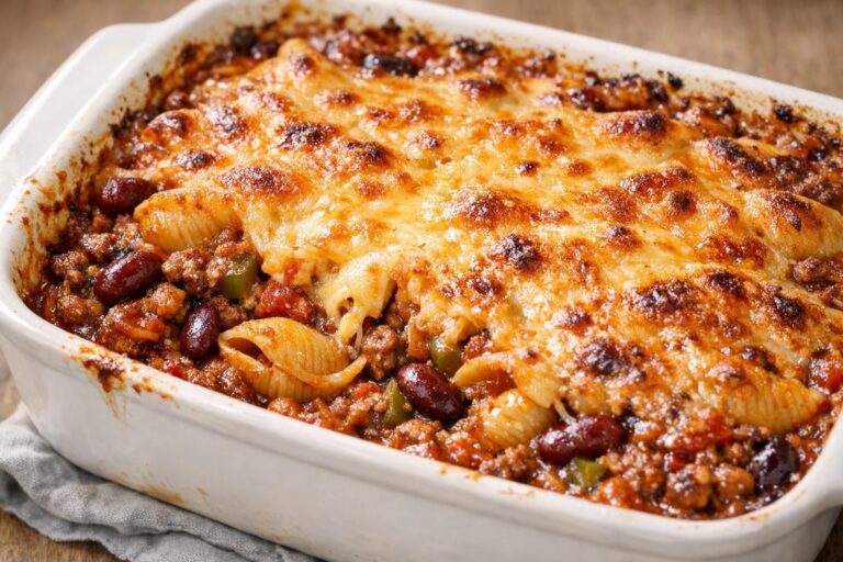 Mexicansk pastafad i ildfast form: pasta i krydret tomat- og oksekødssauce med kidneybønner og gylden, smeltet cheddar