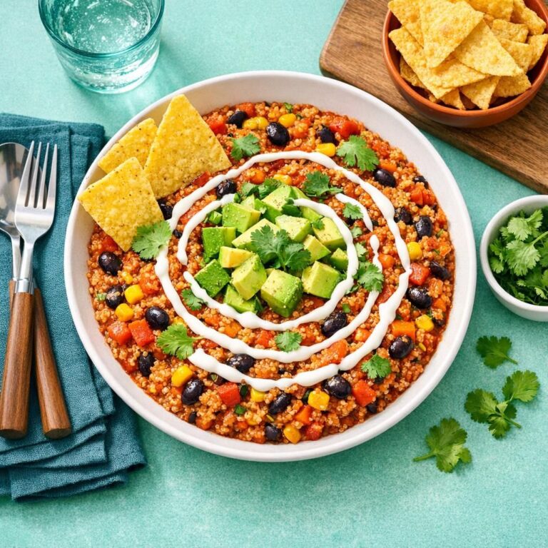 Mexicansk quinoa-one pot med sorte bønner og majs, toppet med ternet avocado, lime, fraiche, koriander og tortillachips