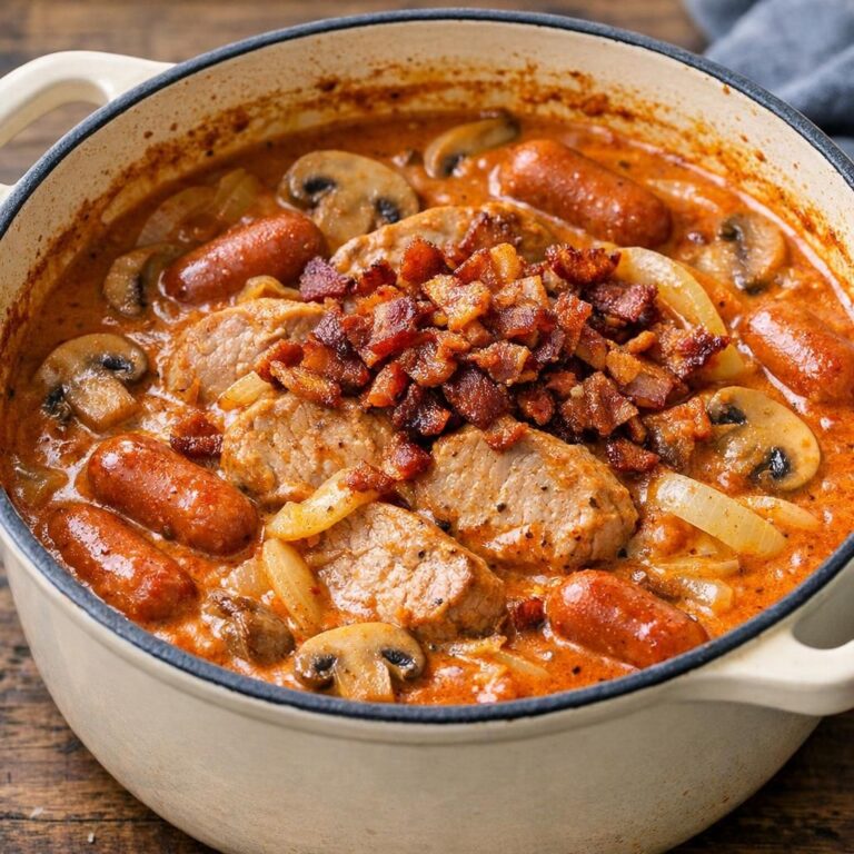 Mørbradgryde i cremet tomat-flødesauce med svinemørbrad, champignon, løg og cocktailpølser, toppet med sprød bacon