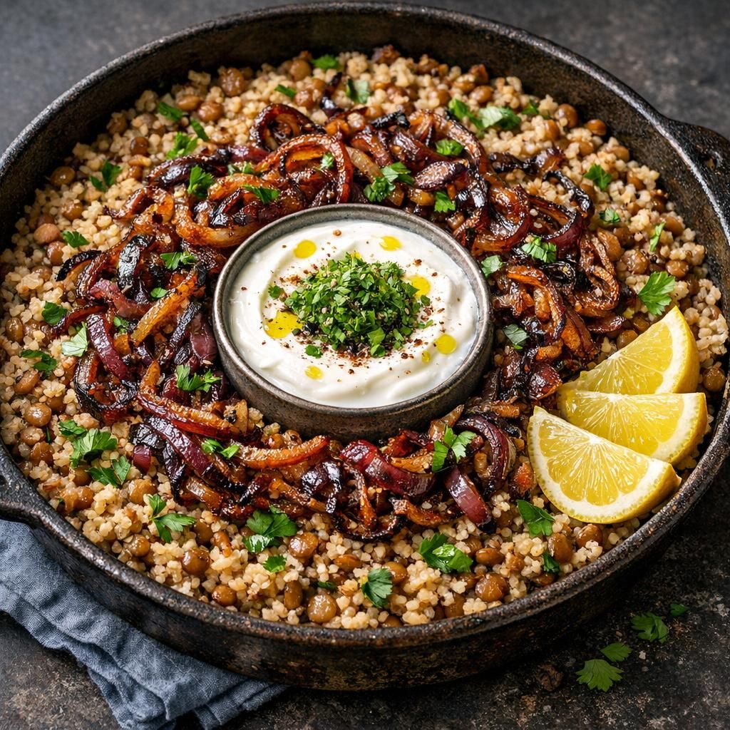 Mujadara med bulgur, linser og sprøde løg