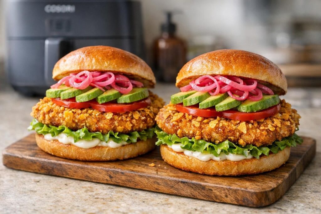 Nachos-paneret kyllingeburger med hvidløgsaioli