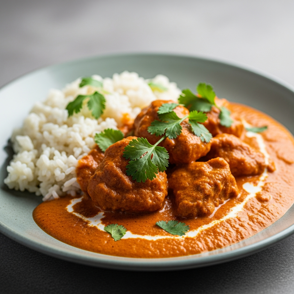{ "alt_text": "Fotorealistisk close-up af nem butter chicken (murgh makhani) med hvide basmatiris på mørkegrå tallerken; cremet orange-rød sauce, damp og frisk koriander.", "file_name": "nem-butter-chicken-murgh-makhani-4837" }