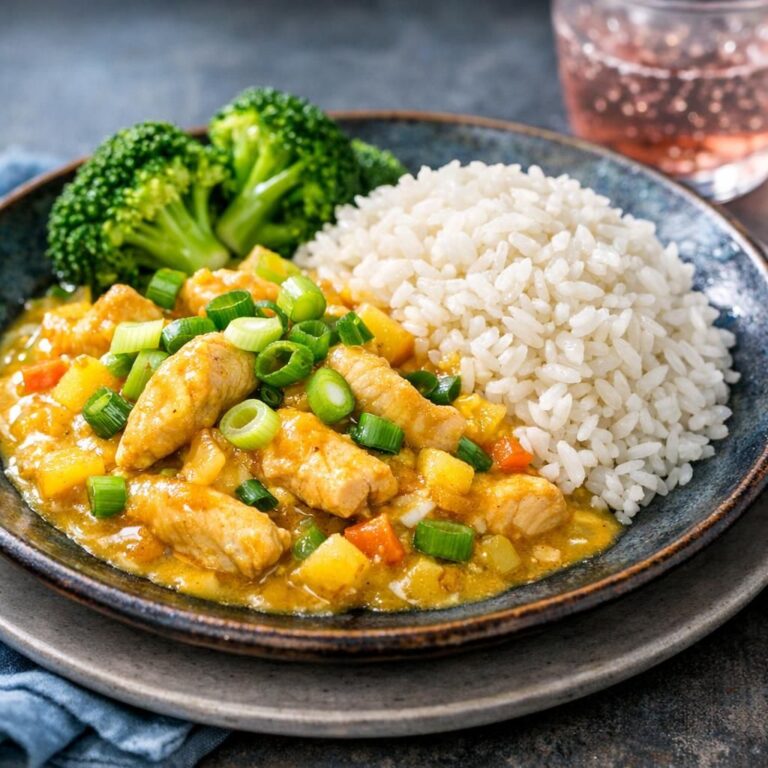 Nem kylling i karry med grøntsager og æble i cremet sauce, serveret med ris