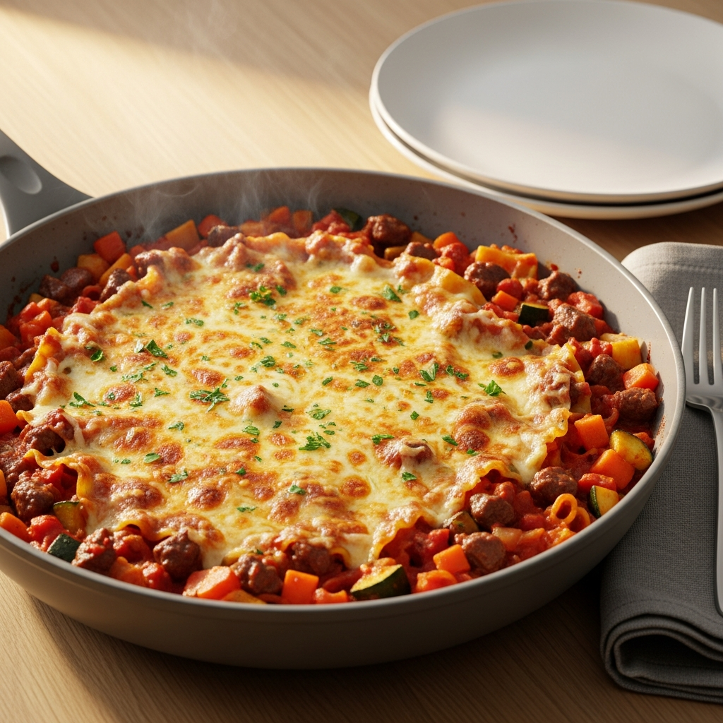 { "alt_text": "Lasagnette i lysgrå pande med tomatsauce, brunet oksekød, grøntsager og gylden cremet ostetopping, toppet med persille på lyst træbord.", "file_name": "nem-lasagnette-i-en-pande-med-grontsager-og-cremet-ostetopping-4827" }