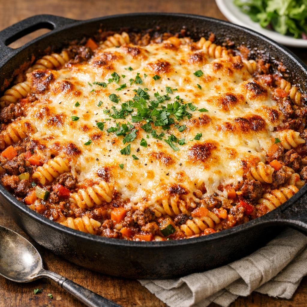 Nem lasagnette i én pande med grøntsager og cremet ostetopping